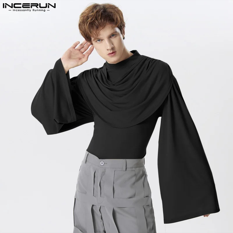 2024 Men T Shirt Turtleneck Long Sleeve Pleated Male Irregular Tee Tops Streetwear Solid Color Casual Fashion Camisetas INCERUN