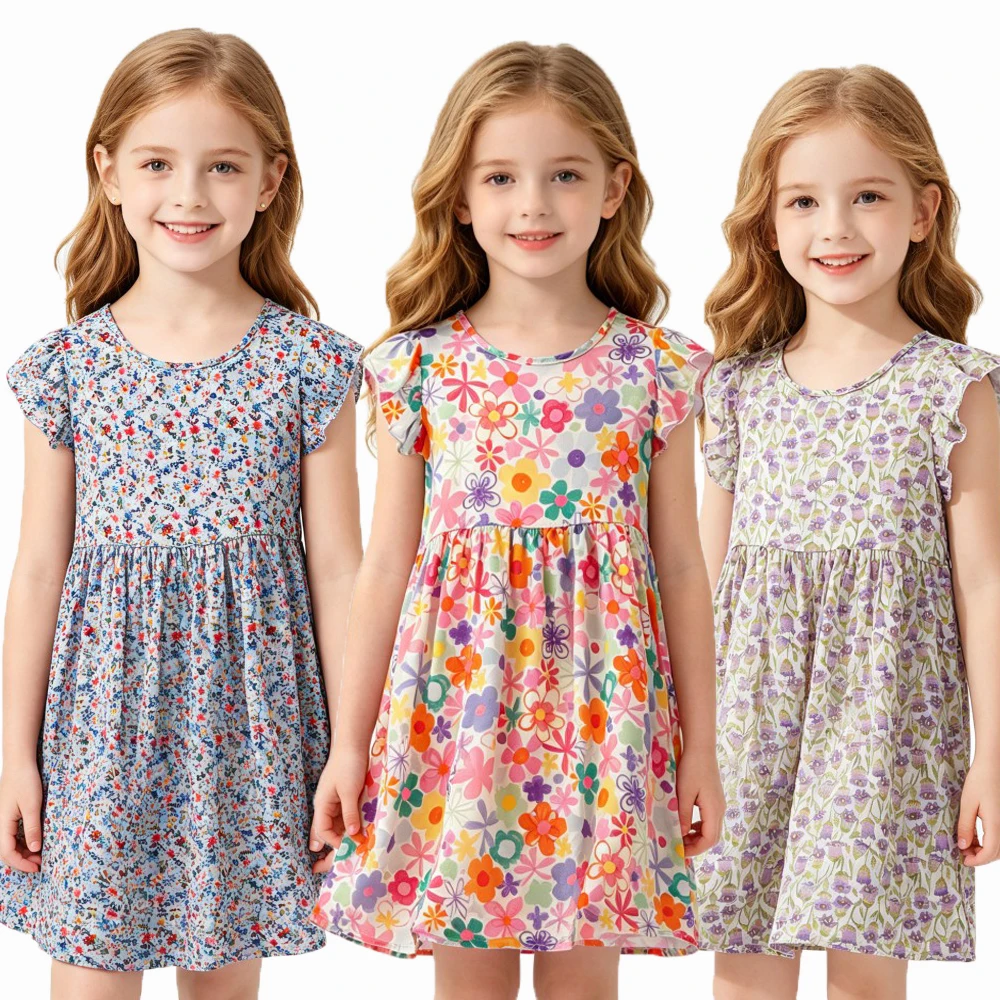 Multicolor Floral Print Girls Dress, Ruffle Short Sleeve Cotton Casual Daily Summer Dress for Kids 2-16Y