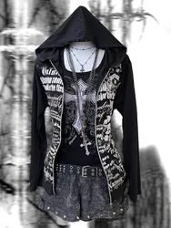 Streetwear Punk Gothic Graphic Hoodies Woman Y2k Clothes 2000s Vintage Hooded Zip-up Hot Girl Hip Hop 2024 New Winter Hoodie emo