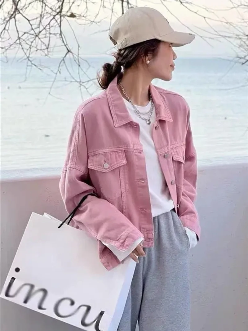 

Women's ort Denim Jaet Waed Cotton Loose Fit Korean Sle Vintage Personali Small Size Top for Autumn 2025 New Arrival