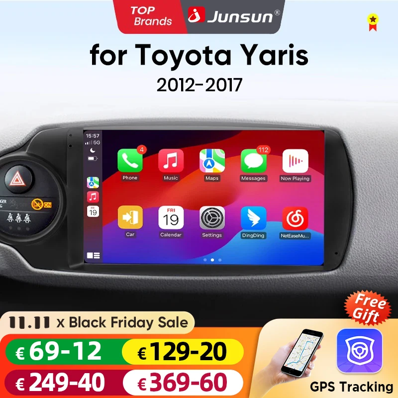 Junsun Android 14 Multimedia System for Toyota Yaris 2012 2013-2017 Car Radio with Wireless CarPlay Android Auto GPS Navigation