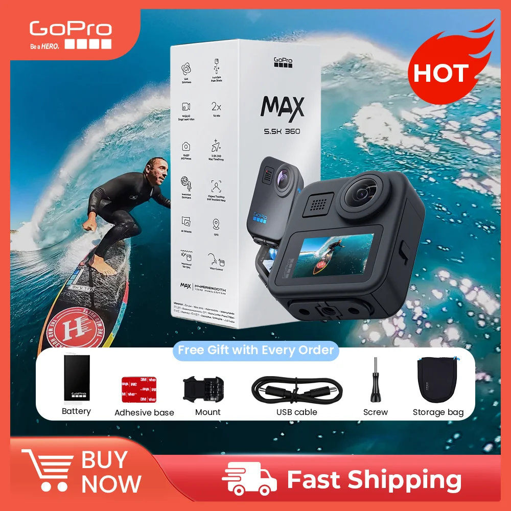 

GoPro-Max 360 ° Панорамная экшн-камера, HD-камера для дайвинга с защитой от тряски и сенсорным экраном, камера для видеоблогов, оригинал