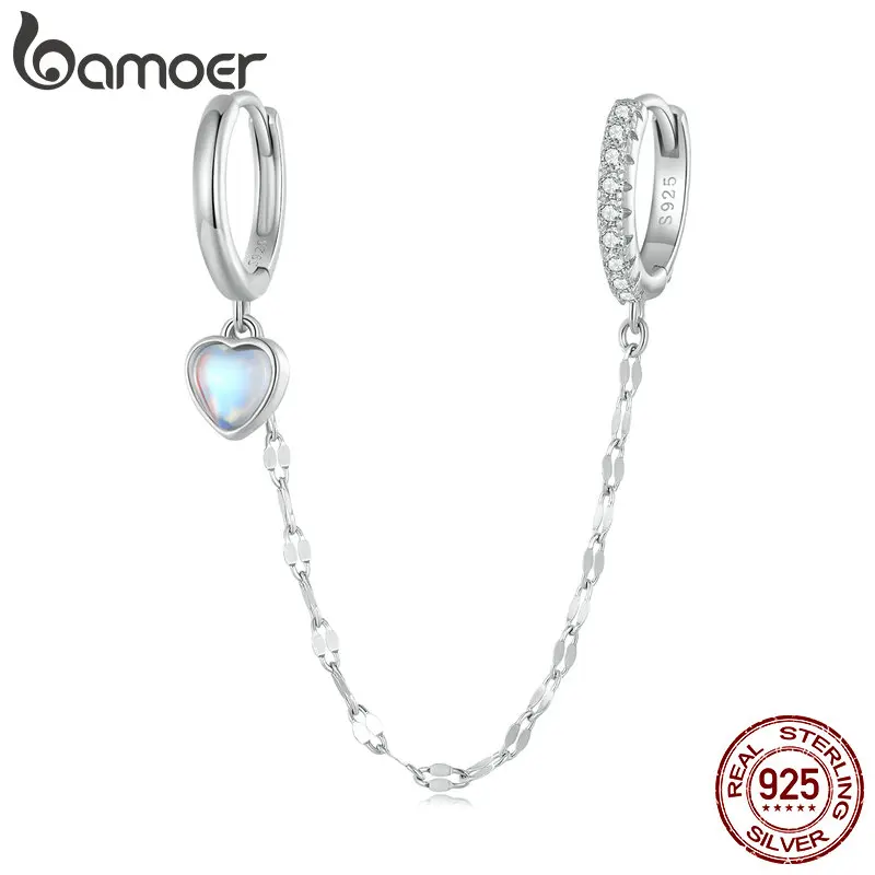 Bamoer 925 Sterling Silver One Piece Heart Moonstone Double Circles Ear Buckle Long Tassel Hoop Earrings for Women Birthday Gift