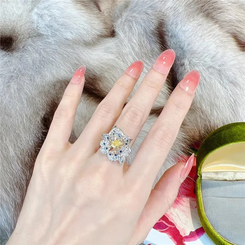 925 sterling silver high-end color sensitive gemstone yellow diamond water drop ring for women with full diamond temperament