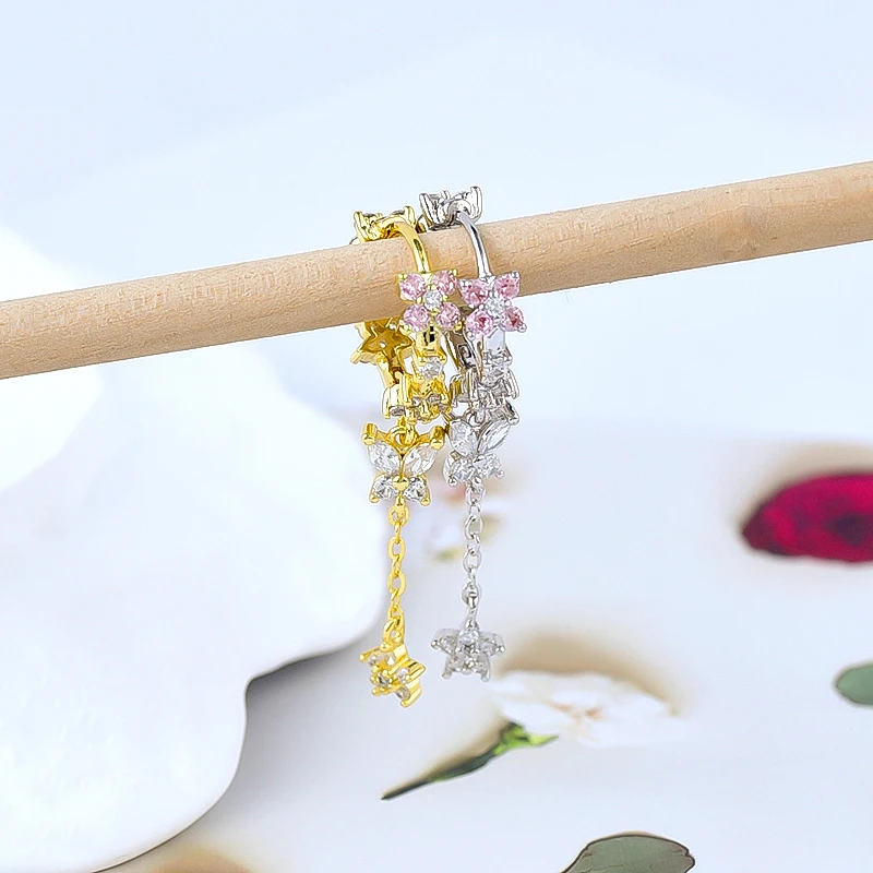 여자 925 실버 바늘 워터 드롭 기하학 지르콘 화이트 지르콘 크리스탈 꽃 펜던트 후프 귀걸이 패션 웨딩 쥬얼리