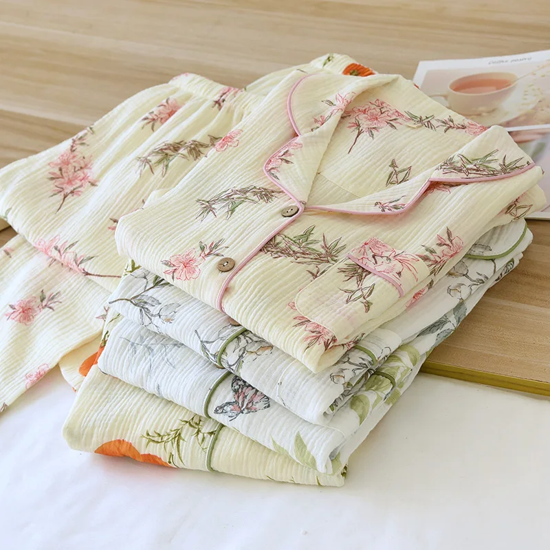 طقم بيجامات حلوة ناعمة ولطيفة بأكمام طويلة للسيدات من القطن بطبقة مزدوجة للفصول الأربعة طقم ملابس نسائية منزلية