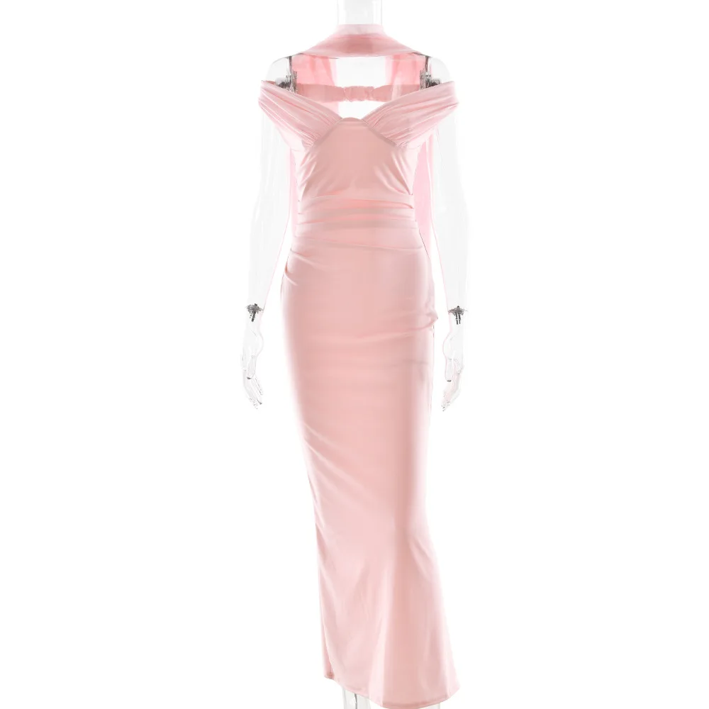 Klasyczna sukienka maxi Bangniweigou z odkrytymi ramionami, dopasowana, z szalem, damska, bez rękawów, elegancka, marszczona, z rozcięciem, różowa suknia na imprezę.