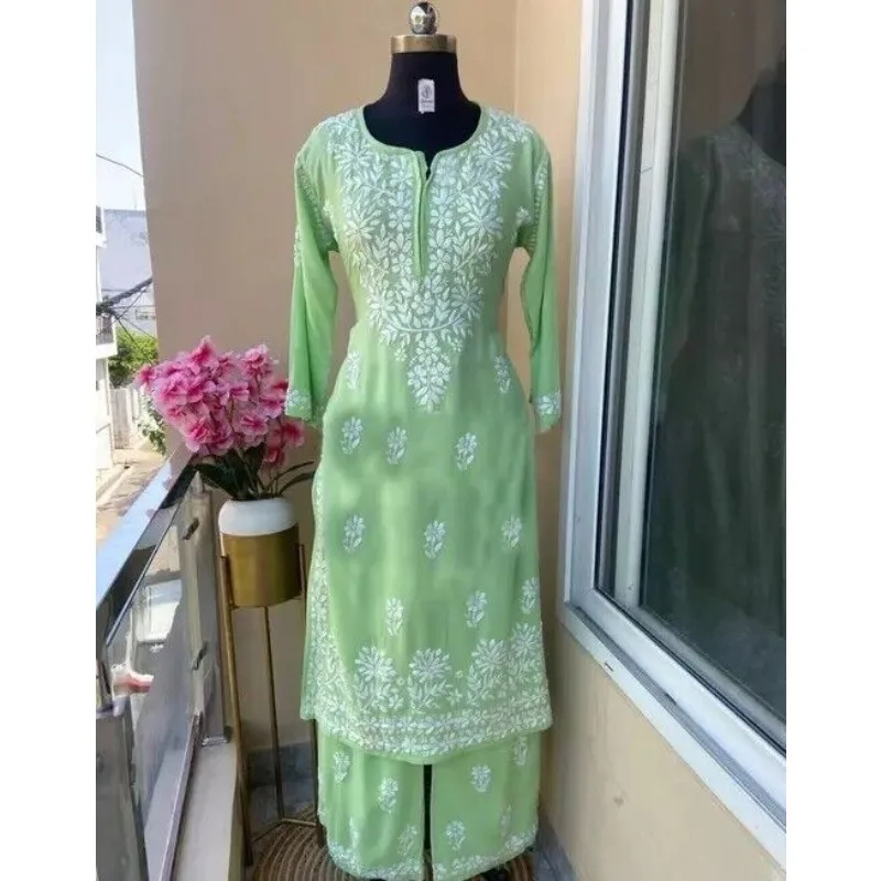 

Kurtas Beautiful Embroidered Festive Wear Chikankari Kurti Plazzo Set