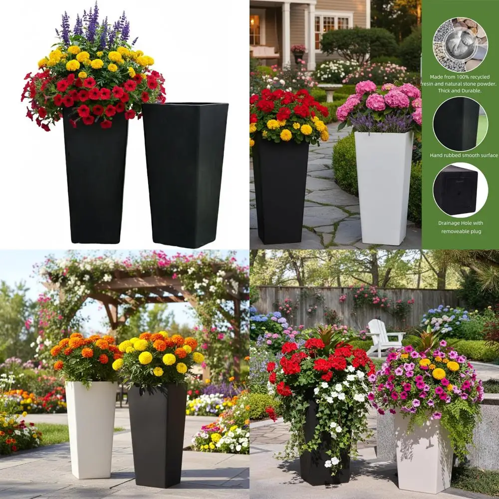 

Large Black 27 Inch Tall Planters Set of 2 for Indoor and Outdoor Plants with Drainage and Inner Shelf - Modern Design