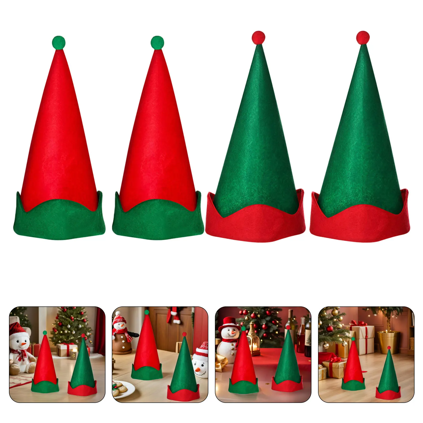 

4Pcs Felt Elf Hat Red and Green Unisex Holiday Party Hats for Adults Christmas Cosplay Costume Accessories Dress Up