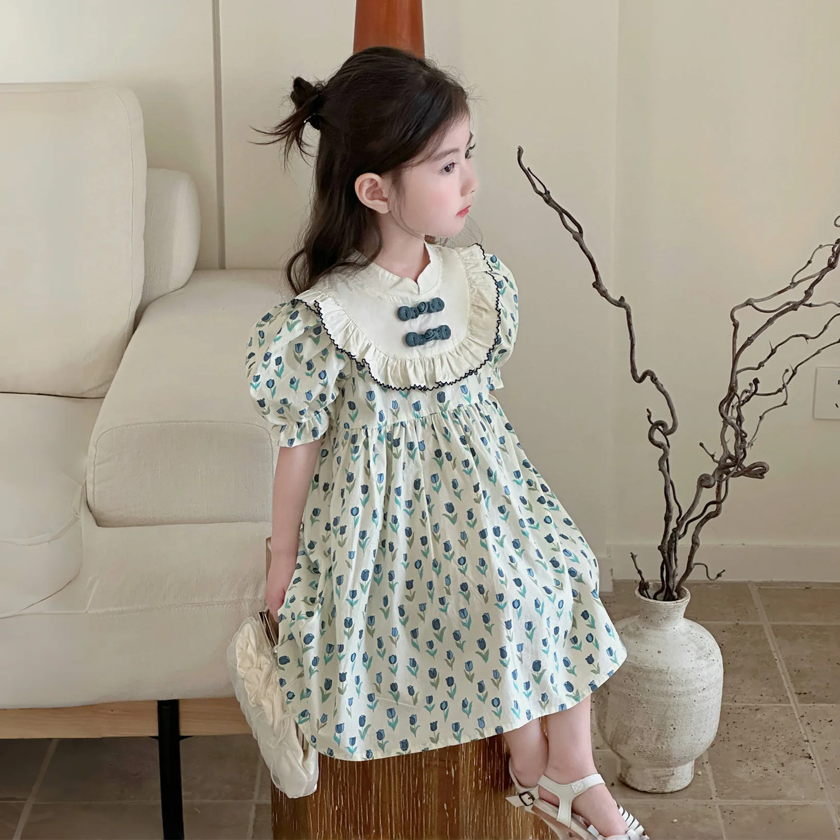 Girls Skirts 2024 Autumn New Childrens Clothes Korean Style New Chinese Pan Buckle Tulip Lace Dress Casual Simple Match