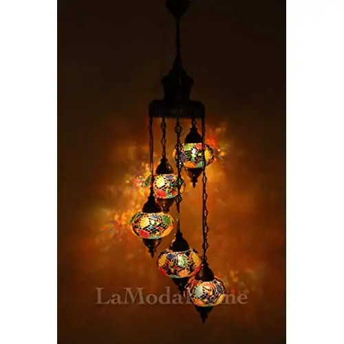 LaModaHome 40 + Unique Colors, 2020 Customizable Chandelier 5 Globes + Free 5 Bulbs, stunning Mosaic Turkish Lamp Moroccan Light