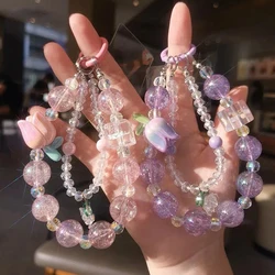 Mobile Phone Lanyard Women Colorful Tulip Crystal Beads Pendant Double Chain Short Wrist Chain Hand-Beaded Anti-lost Charm Strap