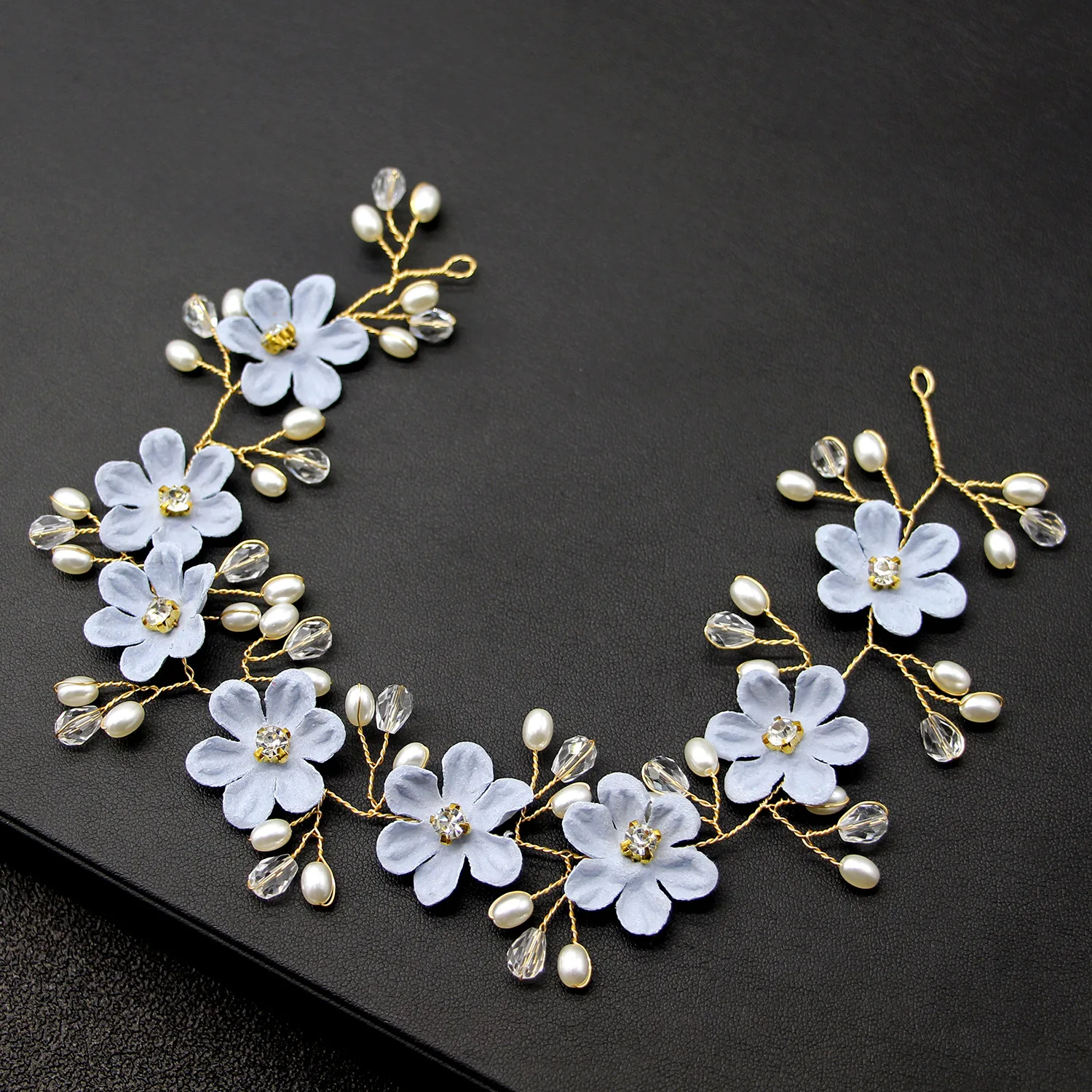 

White Crystal Bridal Wreath Handmade Blue Flower Women Headband For Bride Wedding Jeweley Hair Accessories