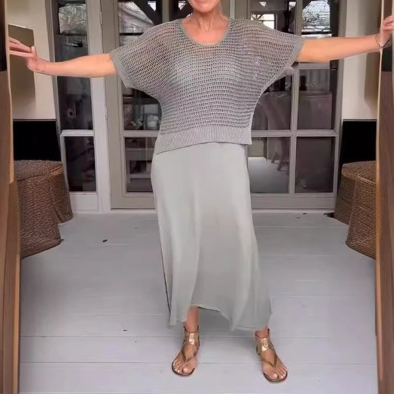 

Hollow Dress Suit Casual Solid Color Round Neck Sweater Dress Women's Two-piece Suit