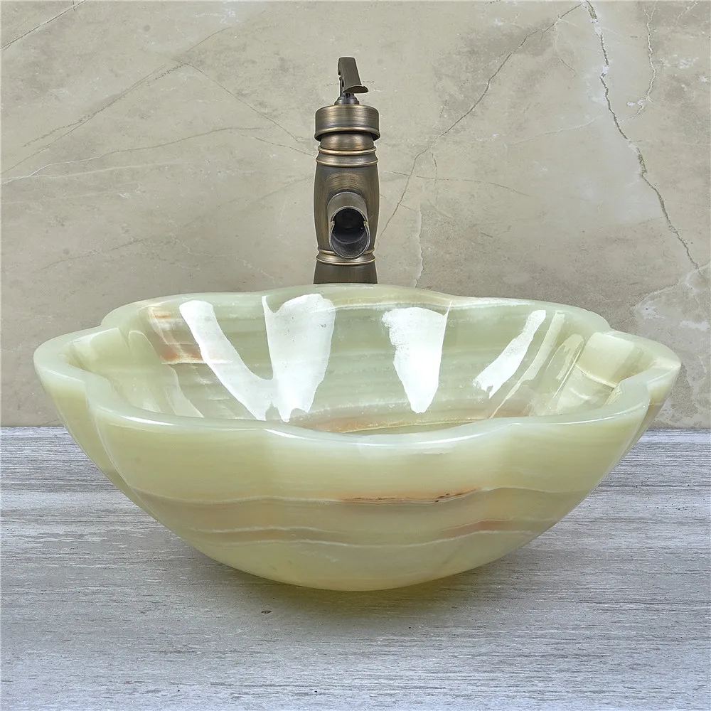 %r Wholesale Modern Luxury Flower Shape Green Onyx Polished Bathroom Vessel Sink Natural Marble Stone for Hotel & Villa Use