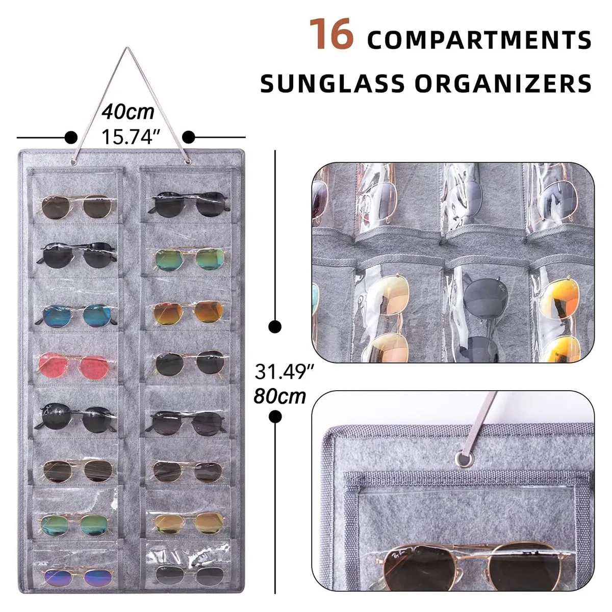 1 PC 16-Slot Sunglasses Storage Hanging Bag, Wall-Mounted Glasses Storage Rack, Foldable, Made of Felt and PVC