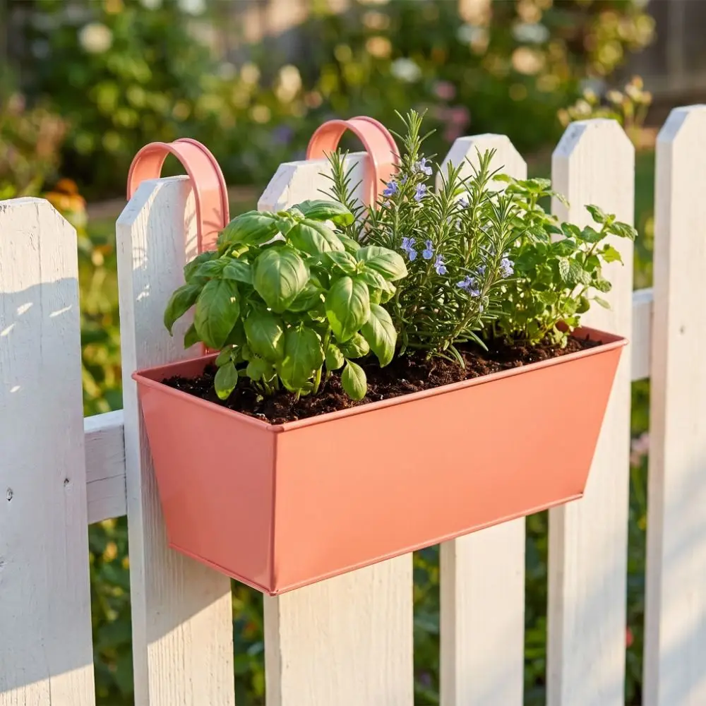 Modern Outdoor Plants Planter Metal Iron Window Box Hanging Flower Pots Wall Mount Weather-Resistant Fence Buckets Railings
