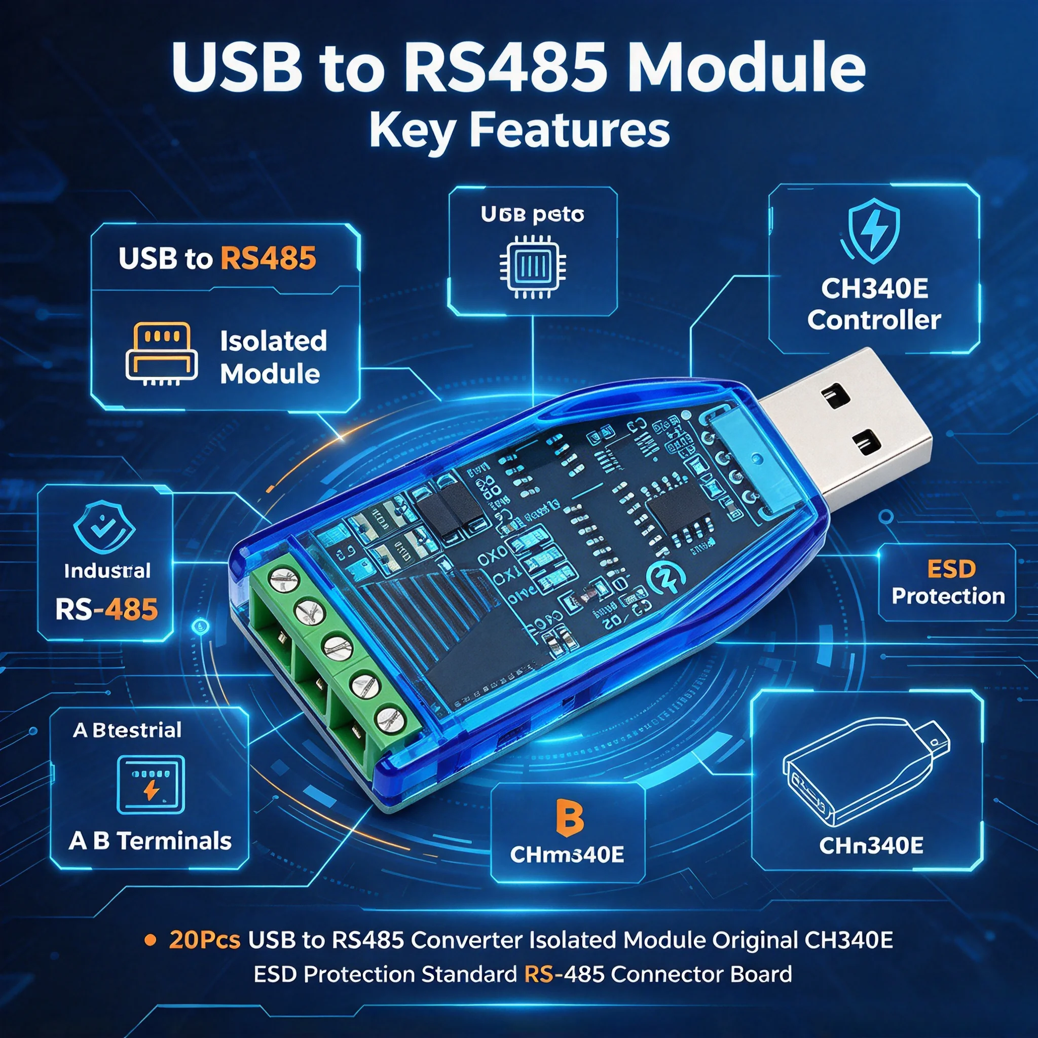 20Pcs Isolated USB to RS485 Converter Module Original CH340E ESD Protection Standard RS-485 Connector Board Industrial TV