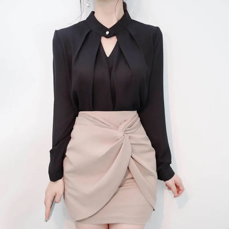 Solid Blouses Women Chiffon Shirts Long Sleeve Slim Hollow Sexy All-match Basic Spring Summer Tops Thin Chic Elegant Female Ins