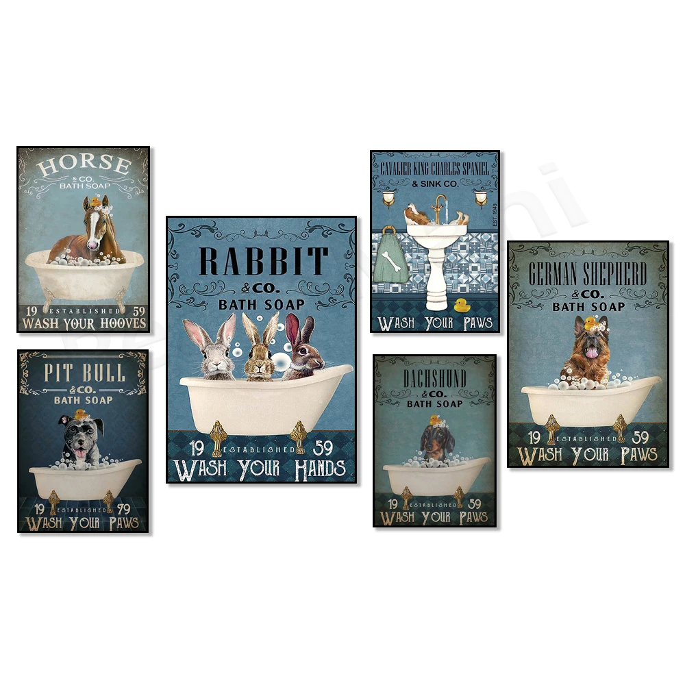 Funny german shephedr, charles spaniel, bulldog, rabbit, horse, maine coon cat, dachshund soap company bathroom poster logo