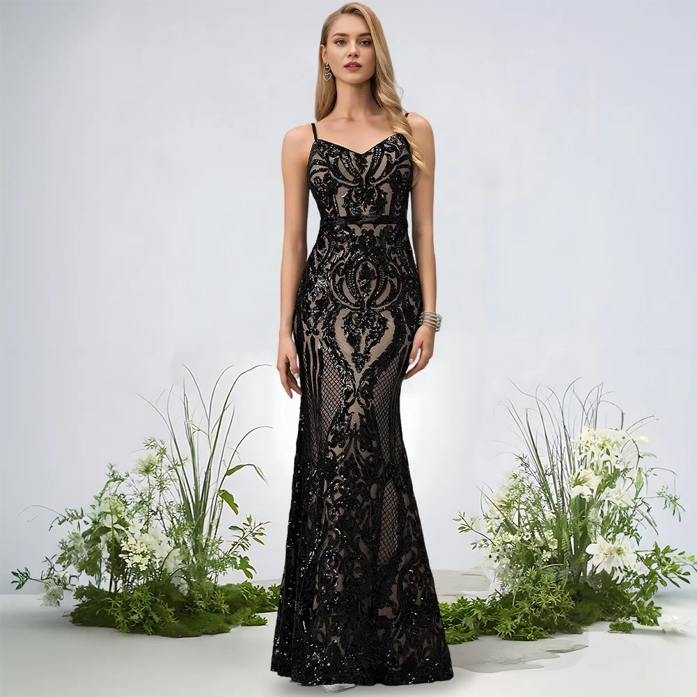 

​​Prom Dresses 2025 Black Sequin Trumpet Mermaid V-Neck Floor-Length Evening Gowns Empire Waist Party Graduation Wedding Dress​