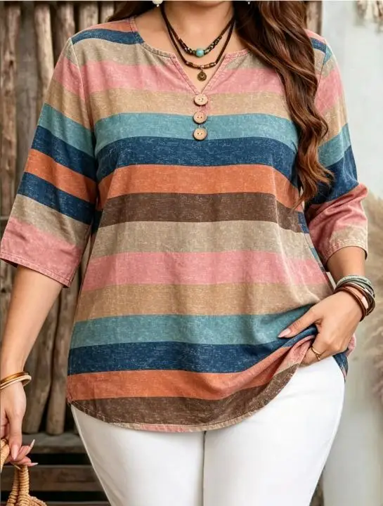 Vintage Multicolor Striped Blouses Split Notch V Neck Buttons 3/4 Sleeve Loose Fit Women Casual Daily Tops