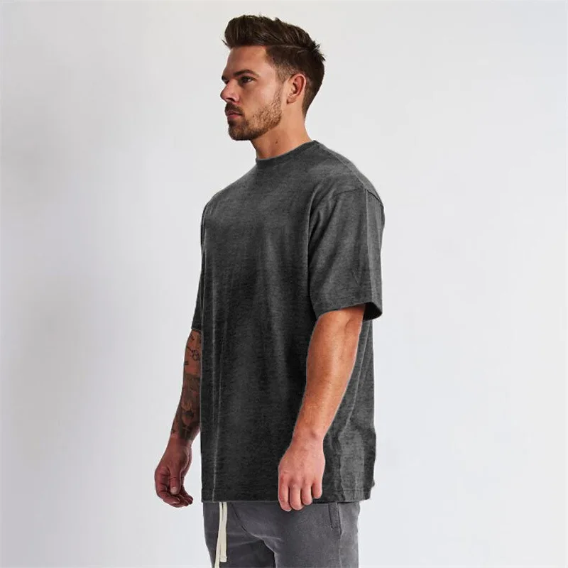 Gym Fitness Shirt Men's Running Sports Loose Oversized T-shirt Short Sleeve Cotton Summer Men's Bodybuilding Workout Top Men's