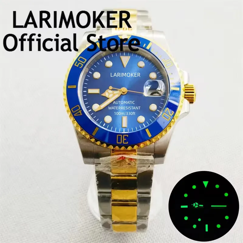 

LARIMOKER 40mm Men Watch Two Tone Gold Case Self Winding Sapphire Crystal NH35 PT5000 Movement blue DIal stainless steel Strap