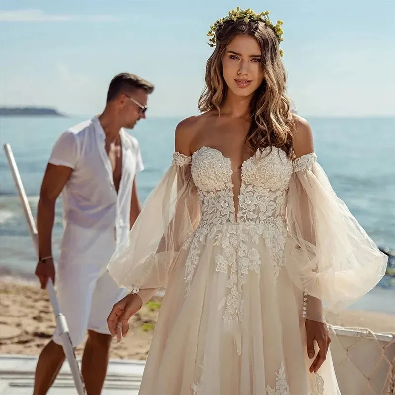 LORIE Fairy Beach abito da sposa in pizzo una linea abiti da sposa con scollo A cuore con maniche A sbuffo staccabili abiti da sposa Boho 2024