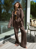 Women Casual Brown Cotton Linen Shirt Pants Suit Fashion Single Breasted Blouses Elastic Waist Pant Set 2025 Spring Loose Outfit