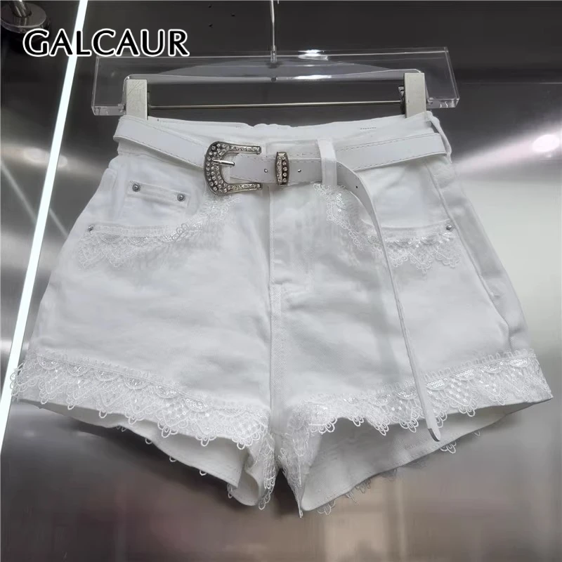 

GALCAUR Colorblock Spliced Lace Fashion Cowboy Shorts for Women High Waist Patchwork Pockets Temperament Short Jean Female Style