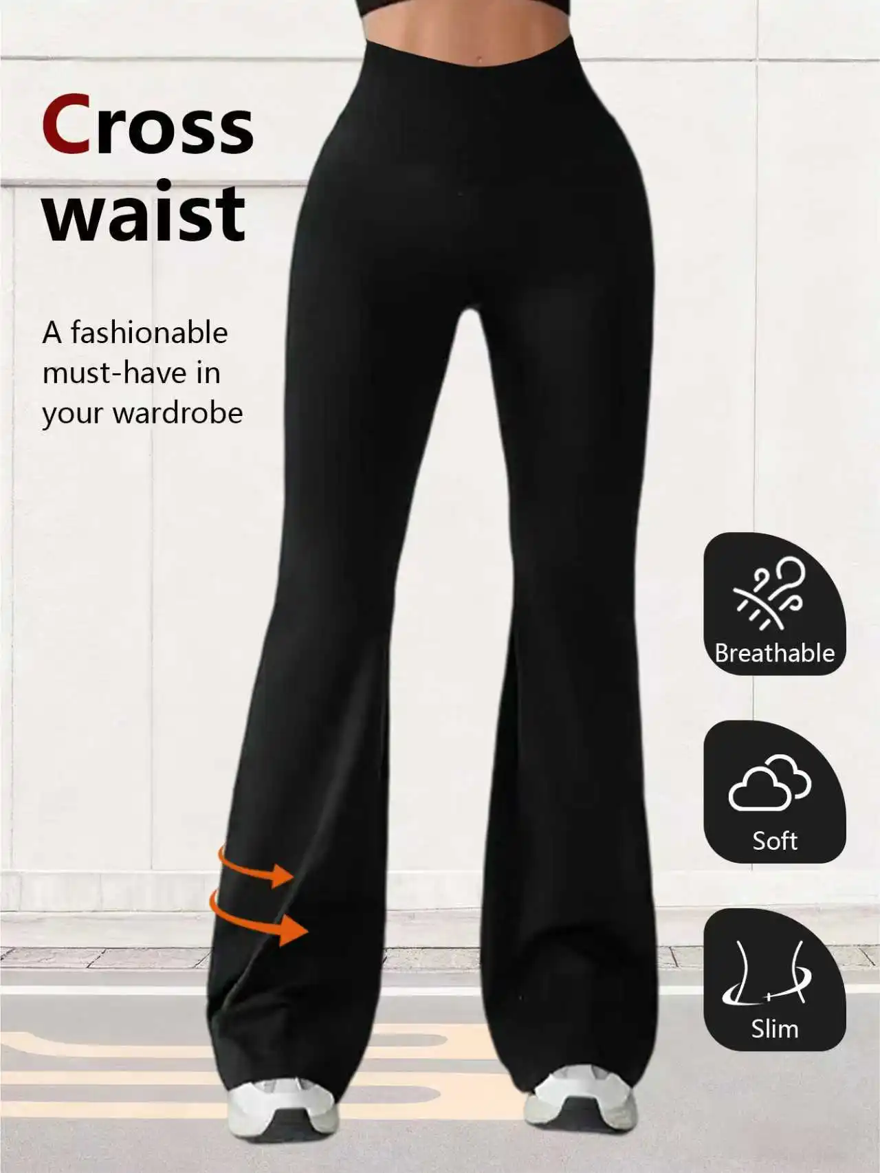 Schlanke, hüfthebende Schlaghose mit hoher Taille für Damen, atmungsaktive Freizeithose aus Polyester, hand- und maschinenwaschbar für den täglichen Gebrauch – Detail 2
