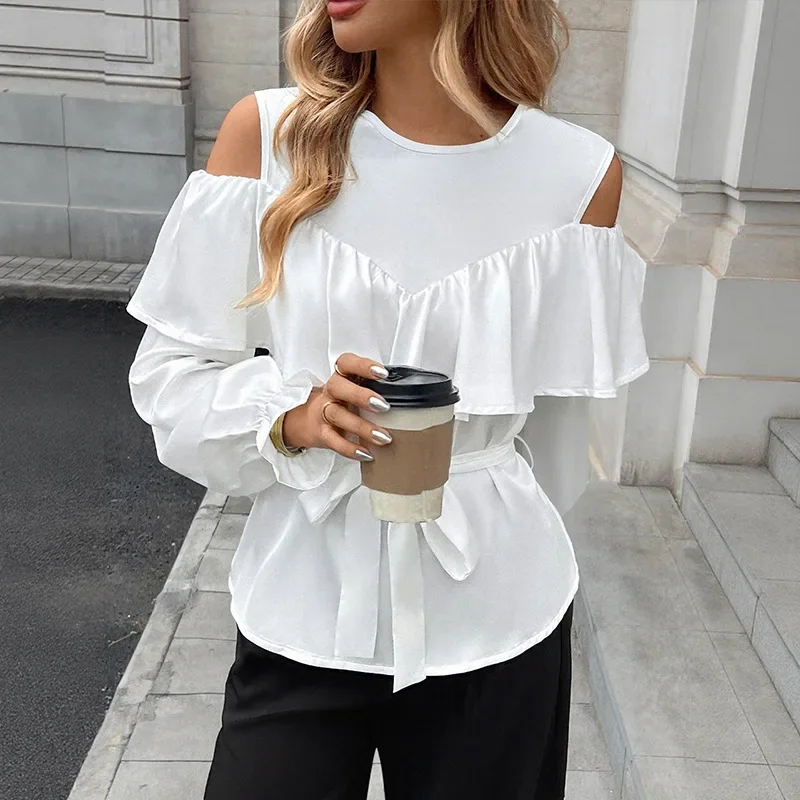 

2026 Spring and Autumn Elegant Light Ripe Wind Long Sleeve Off-Shoulder Lotus Edge Satin Shirt