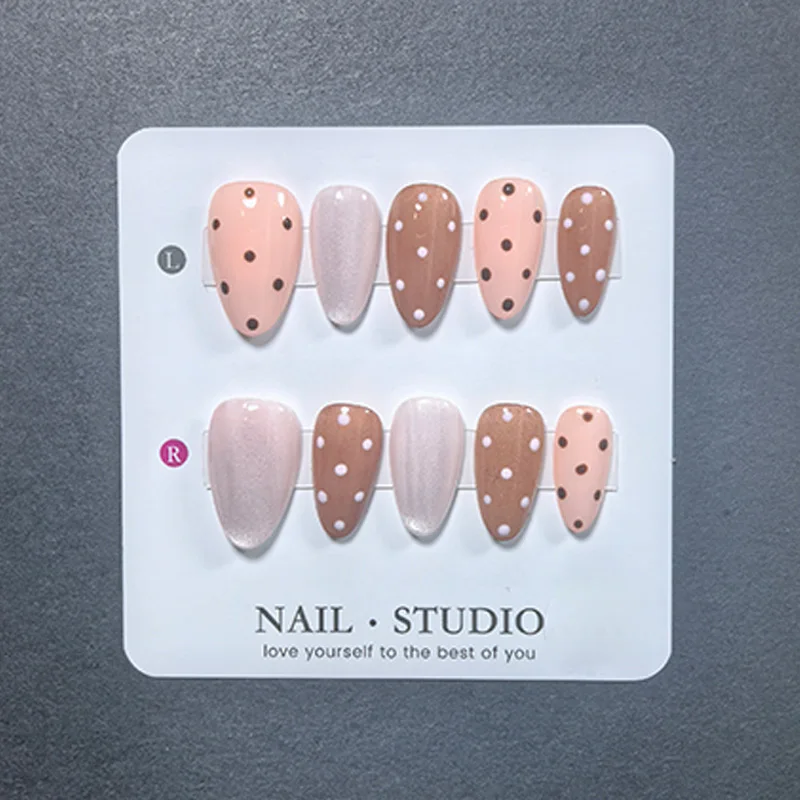 10pcs Almond Gradient Polka Dot Cat Eye Press on Nails Handmade Multieffect Acrylic False Nails Glossy Gel Manicure Set