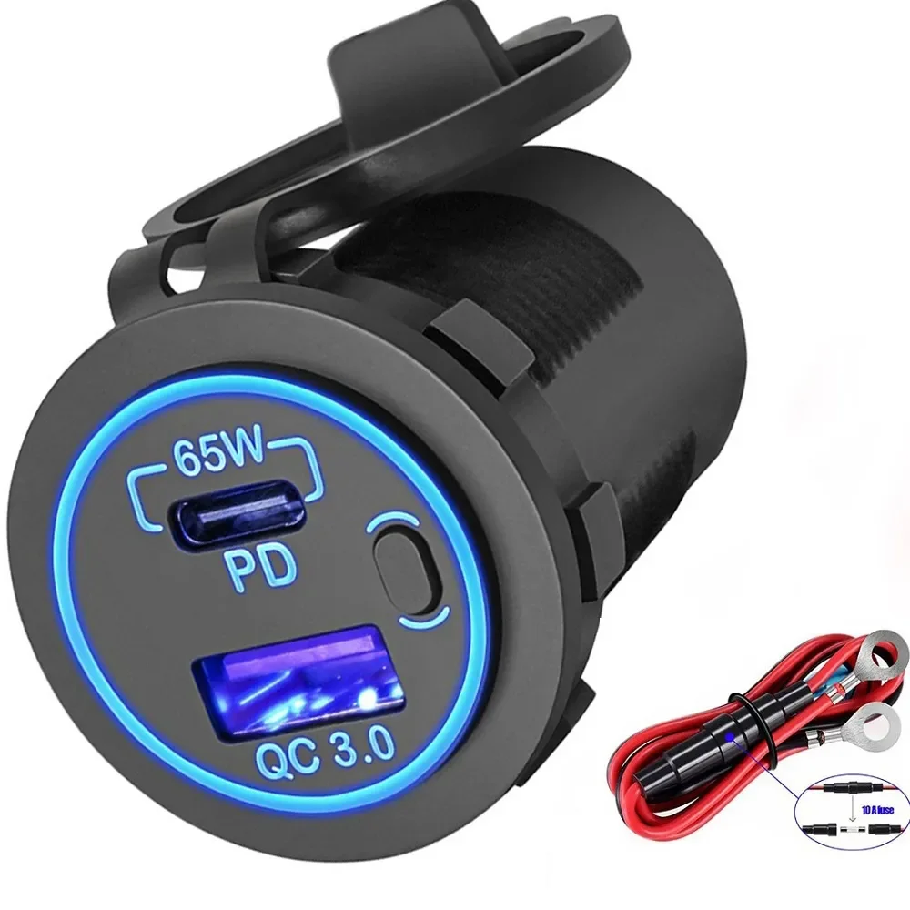 83W 12V ładowarka do laptopa wyjście USB 65W USB-C PD3.0 i 18W QC3.0 Multi Car USB gniazdo portu wodoodporny z wyłącznik zasilania do samochodu RV