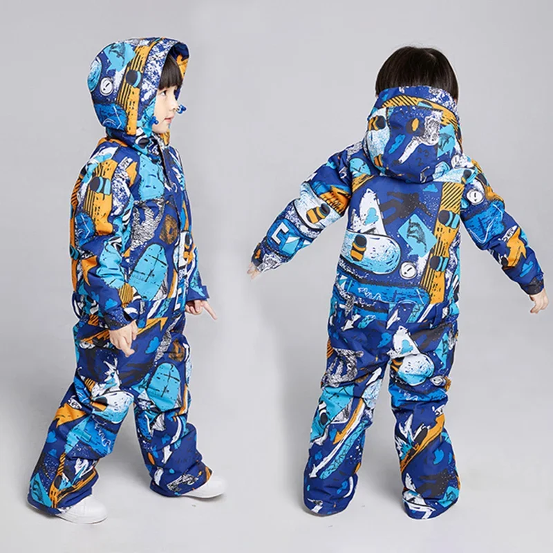 Combinaisons de ski une pièce pour enfants, salopette à capuche pour garçon, combinaisons imperméables pour enfants, ensemble de neige pour bébé sourire, vêtements de dessin animé, chaud, hiver, 2025