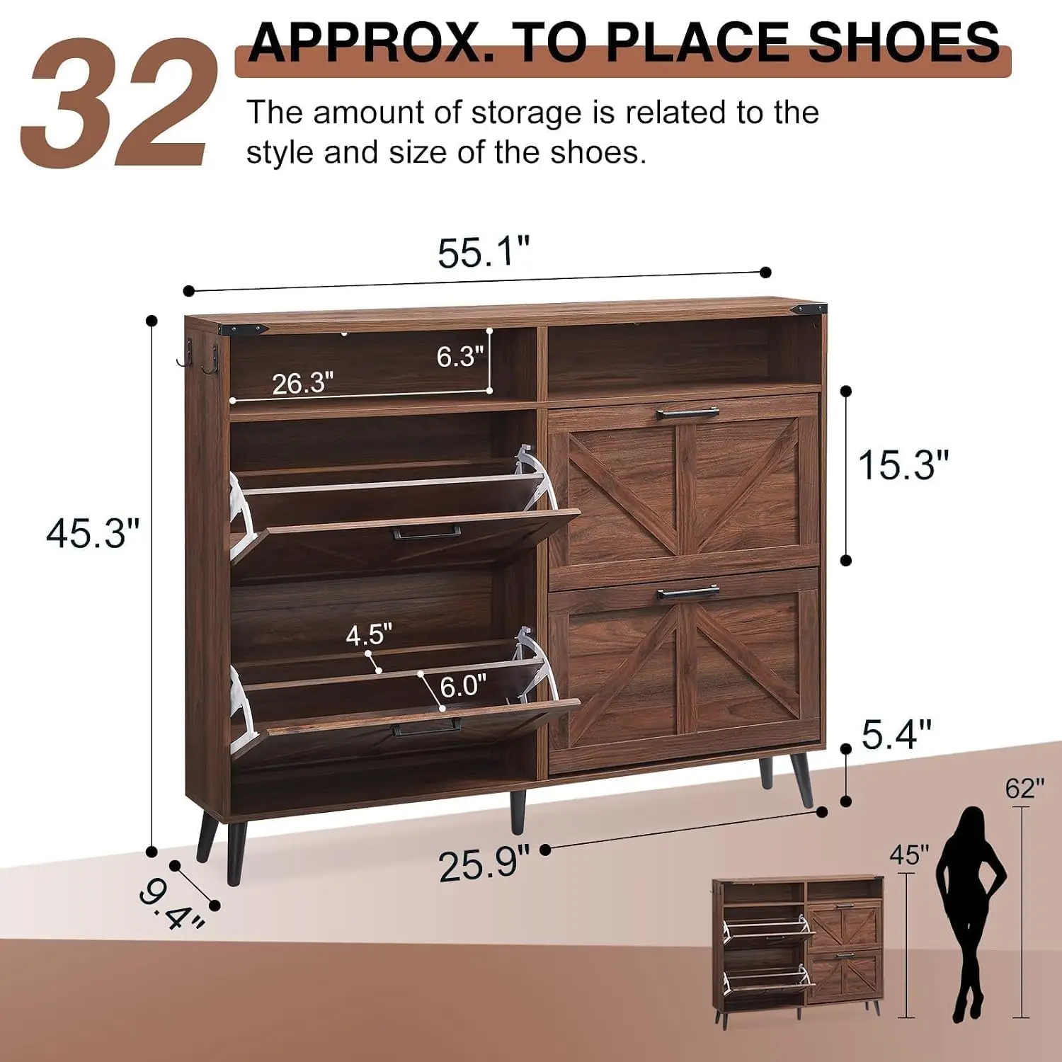 Farmhouse Shoe Cabinet 4 Flip Drawers & Open Storage, Customized