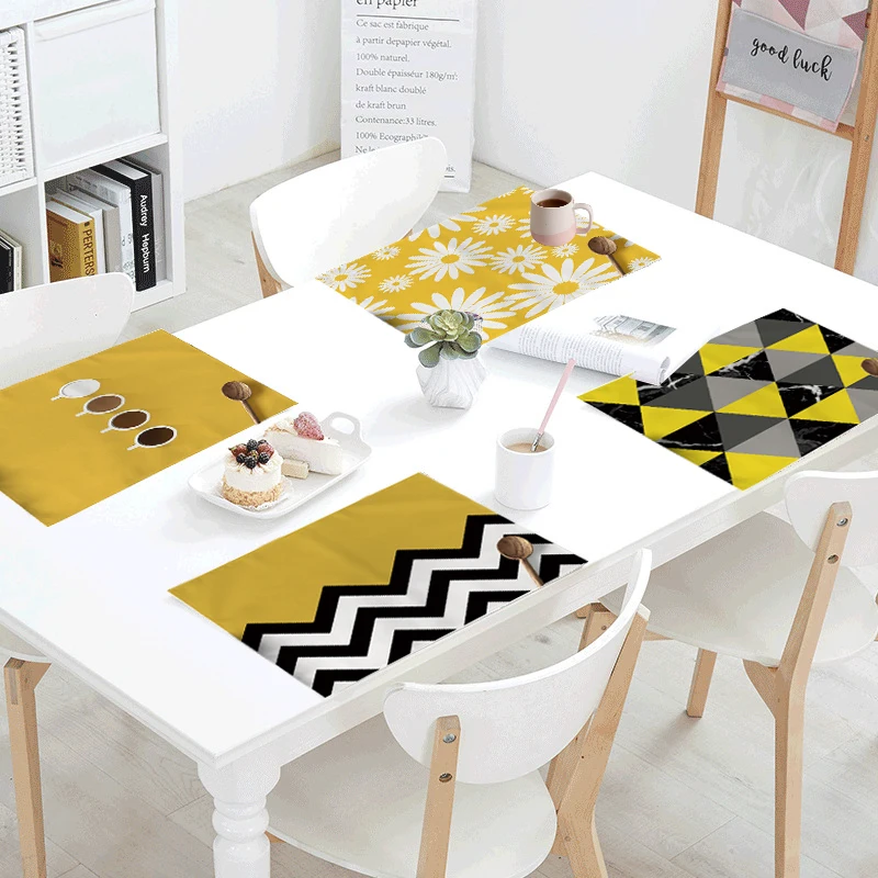 Geometric Yellow Daisy Printing Placemat Kitchen Table Countertop Mat Pad Protector Heat Resistant Drink Coasters Dining Dish