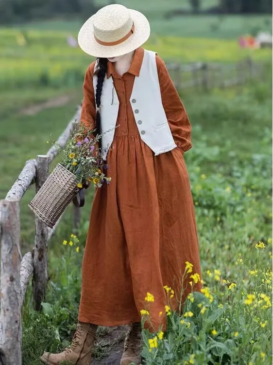 レトロなルーズカジュアルロングスリーブシャツ、女性用無地多用途リネンシャツ、春と秋の季節限定エレガントなスタイル