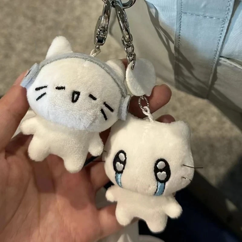 귀여운 헤드폰을 쓴 새끼 고양이 커플 키체인 미니 울음 고양이 인형 플러시 키링 만화 강아지 벌 가방 펜던트 장식품 백팩 장식