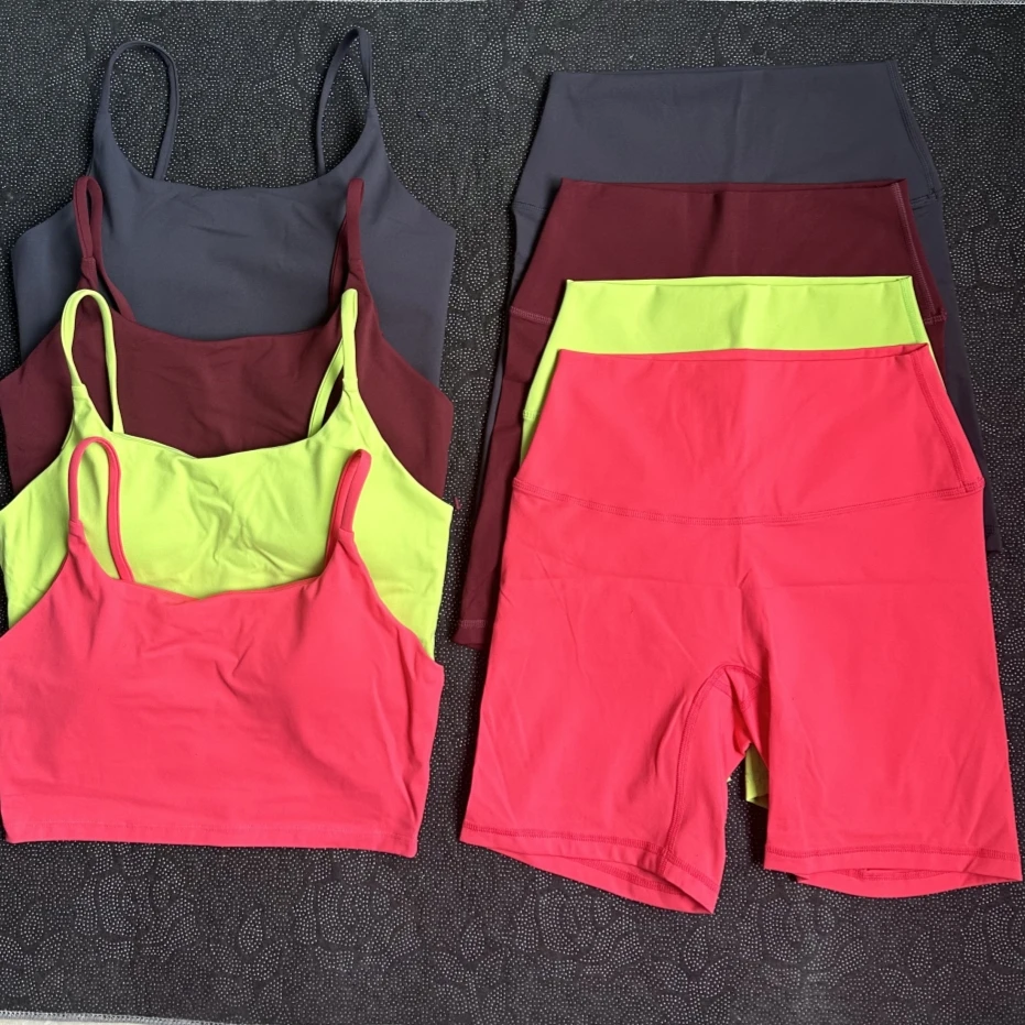 Solid Color Gym Women Fitness Yoga Set Suspenders Sport Bra Top+High Waist Short Leggings 2pc Suit Comprehensive Training Wear