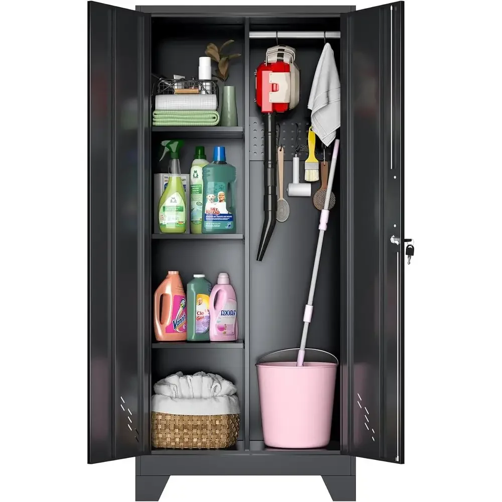 61 Tall Black Metal Storage Cabinet for Home, Utility, and Laundry with Lockable Organization