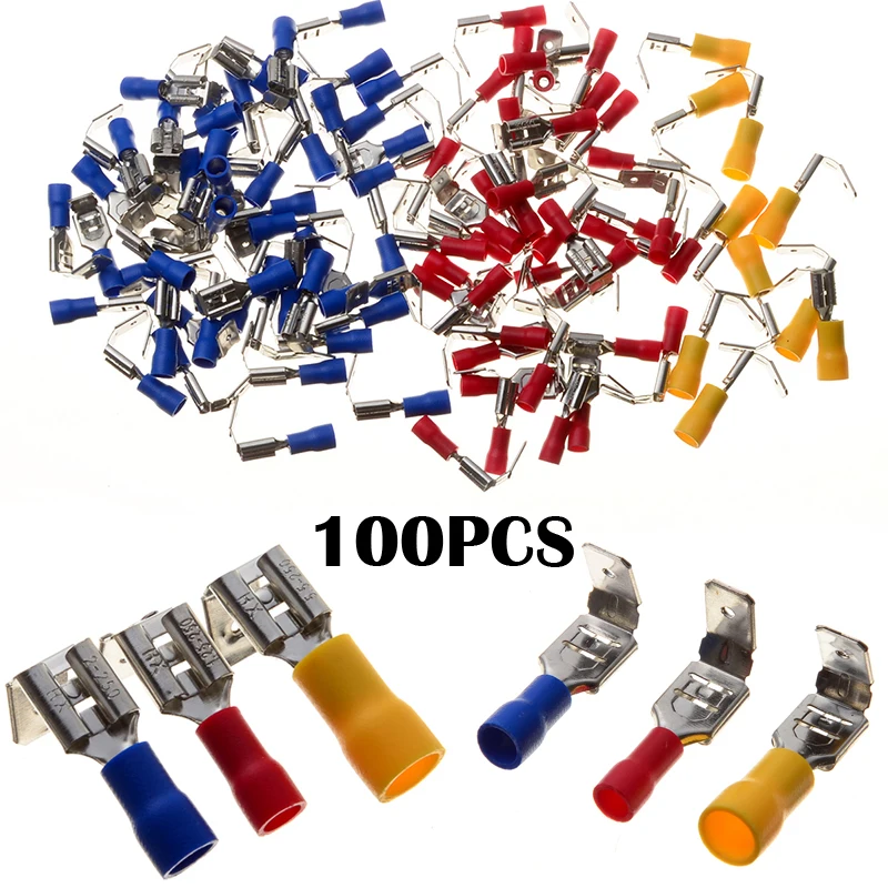 100pcs/Set Piggy Back Spade Terminators Insulated Butt Connector Crimp Electrical Terminals 10-22AWG Red Blue Yellow