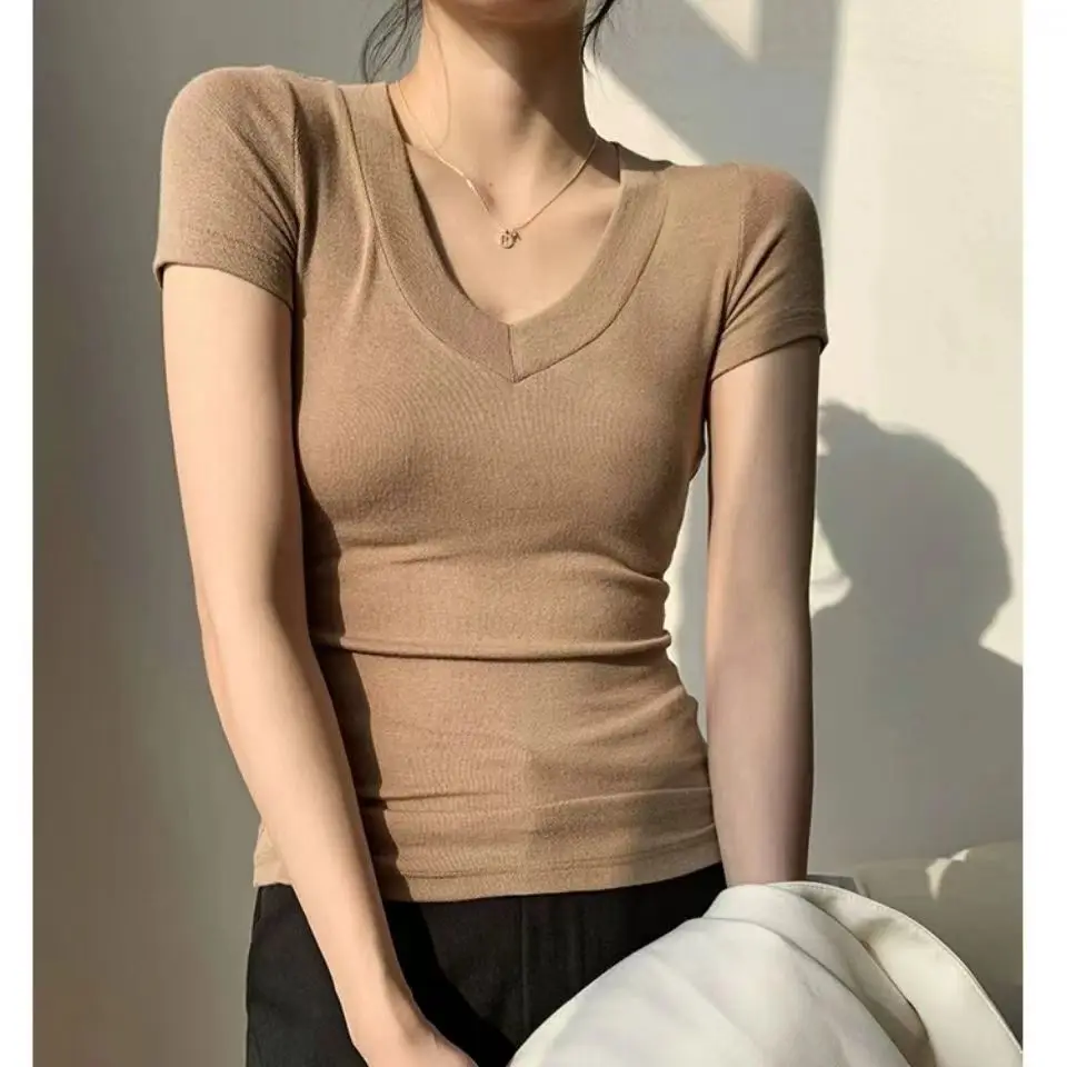 

Femme Fashion Solid Color V-neck Short Sleeve T-Shirt Women Clothes Simplicity Slim Top Tee 2023 New Summer All-match Pullover