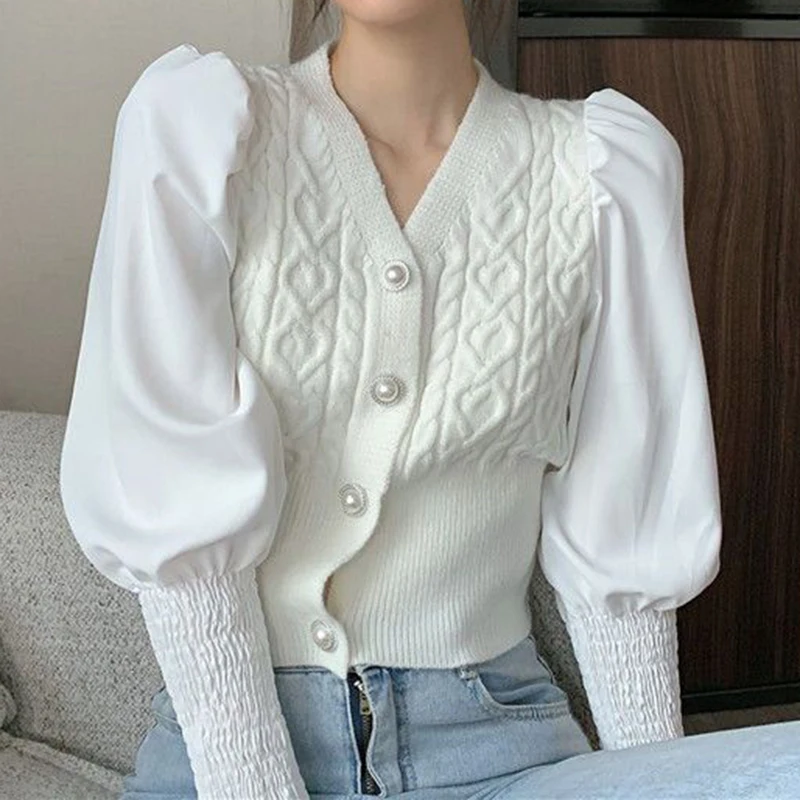 

Women's autumn/winter 2024 new V-neck long sleeved patchwork waist cinching short sweater for outerwear slim knit cardigan