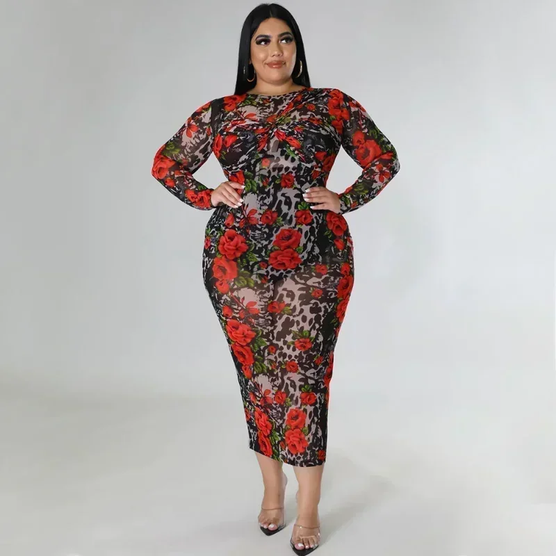 

Женское платье GUWU больших размеров для клуба и вечеринок, с цветочным принтом, длинными рукавами, из эластичной прозрачной сетки, облегающее, винтажное, в стиле бодикон