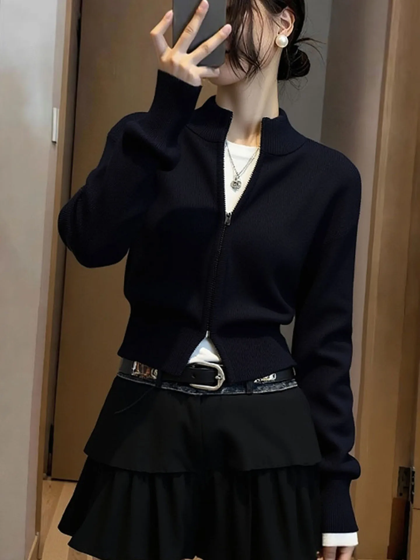 ウィンターティーンエイジスリムフィットジッパーニットウェアロングスリーブカメレオントップス多用途高品質エレガントレディースファッション