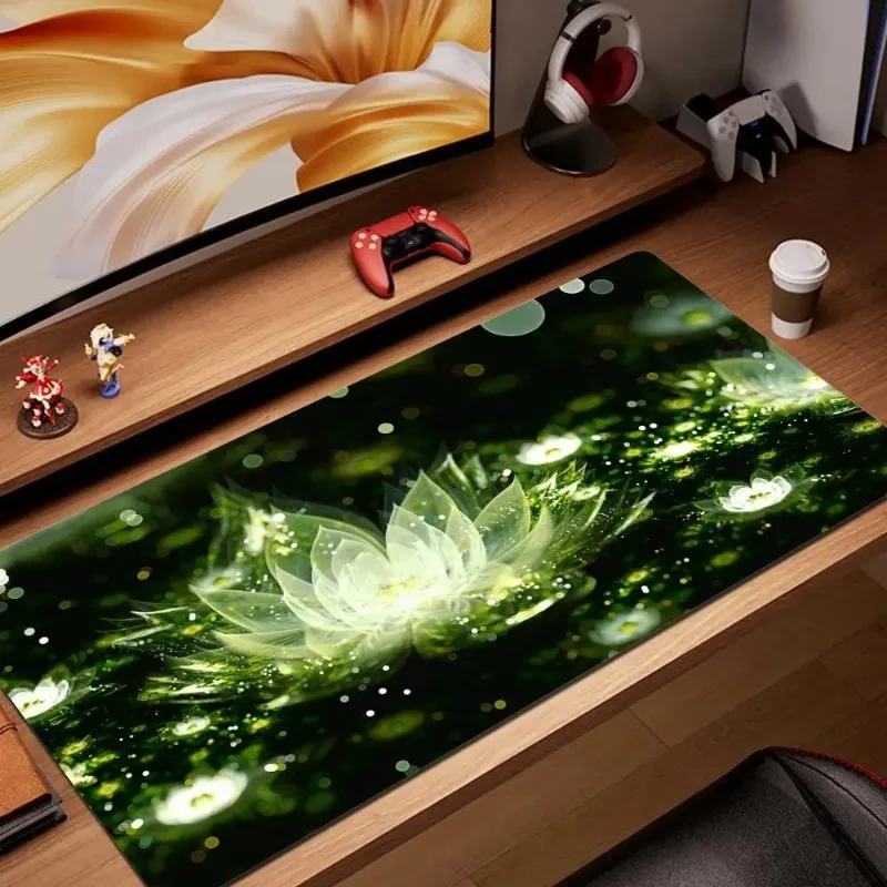Flor de lótus branca mousepad computador mouse pad jogos abstrato decoração de mesa grandes almofadas de ratos antiderrapante lavável tapete de mesa de estudo