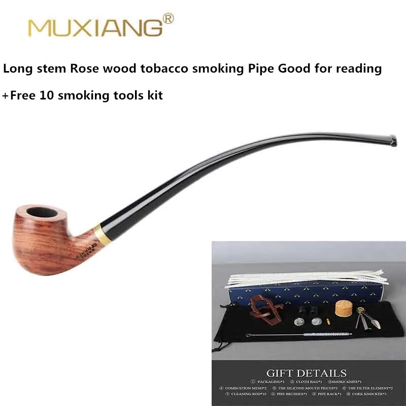 MUXIANG Classic Handmade Pipe Long Rosewood Pipe For Ring Decor 3mm Filter Tobacco Pipe Cleaner And Rack Mens High Quality Gifts